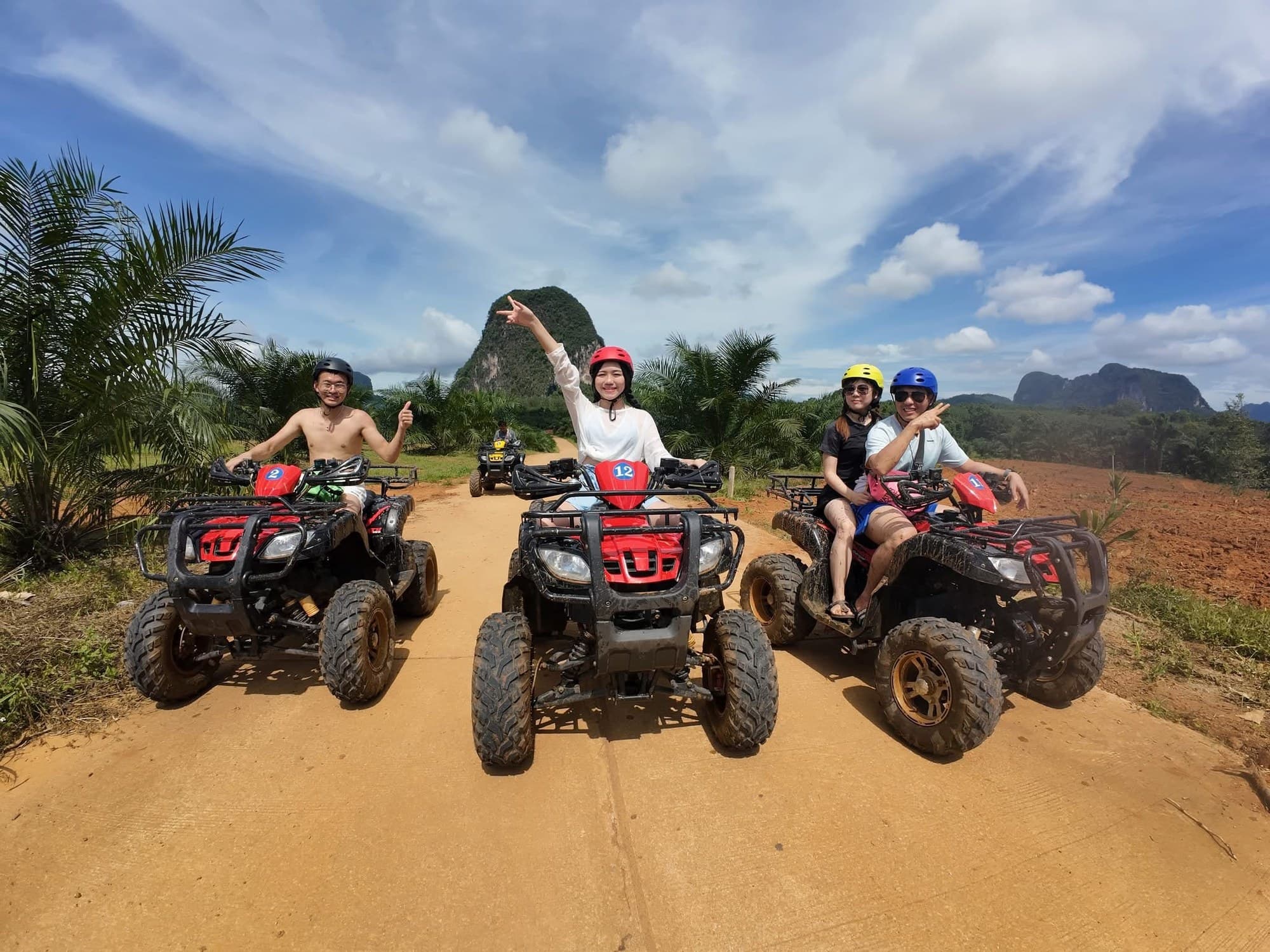 Three quads on the plantation road with the karst behind