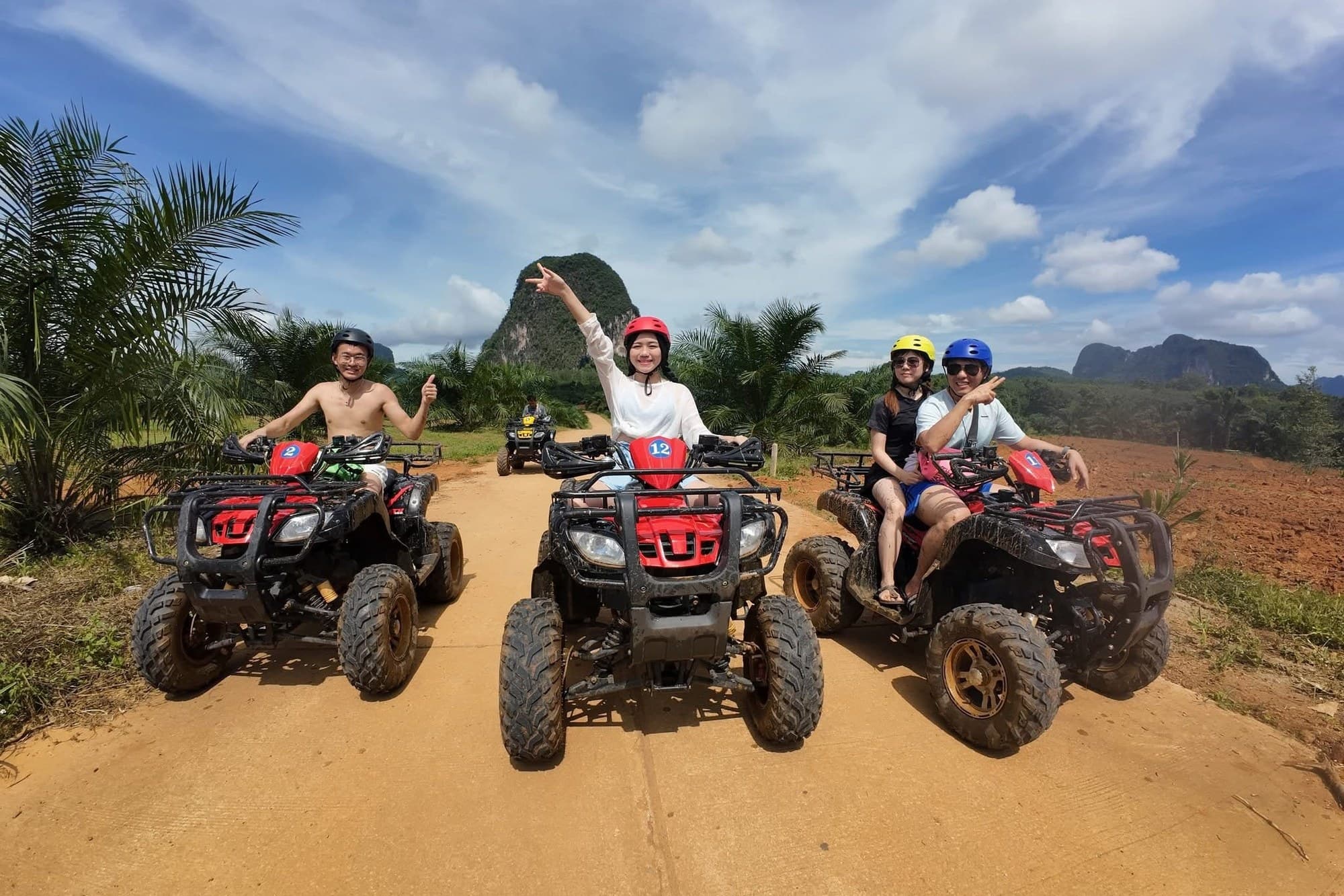 Three quads on the plantation road with the karst behind
