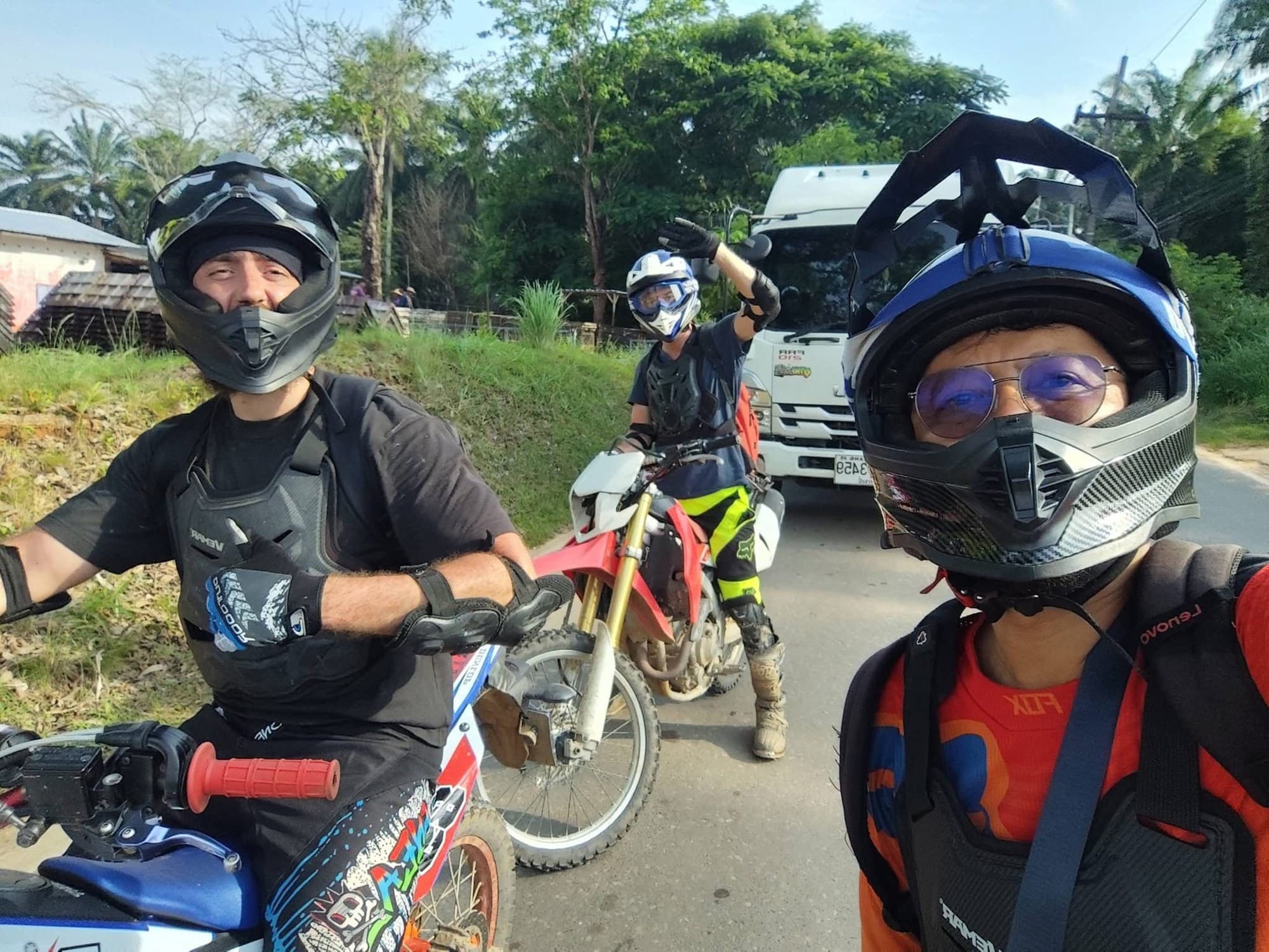 The group geared up on the road between trails